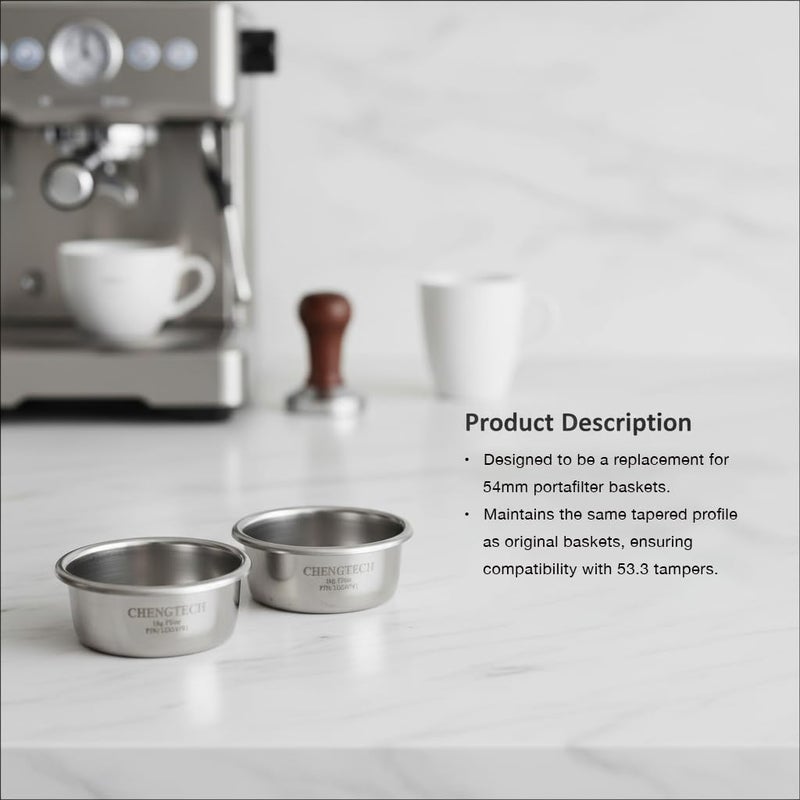 Chengtech Stainless Steel Coffee Filter,54mm Double Cup Filter Non-pressurized Compatible with BREV bottomless filterholder 820/840/870/875/878/879/880/450/550 - Image 1